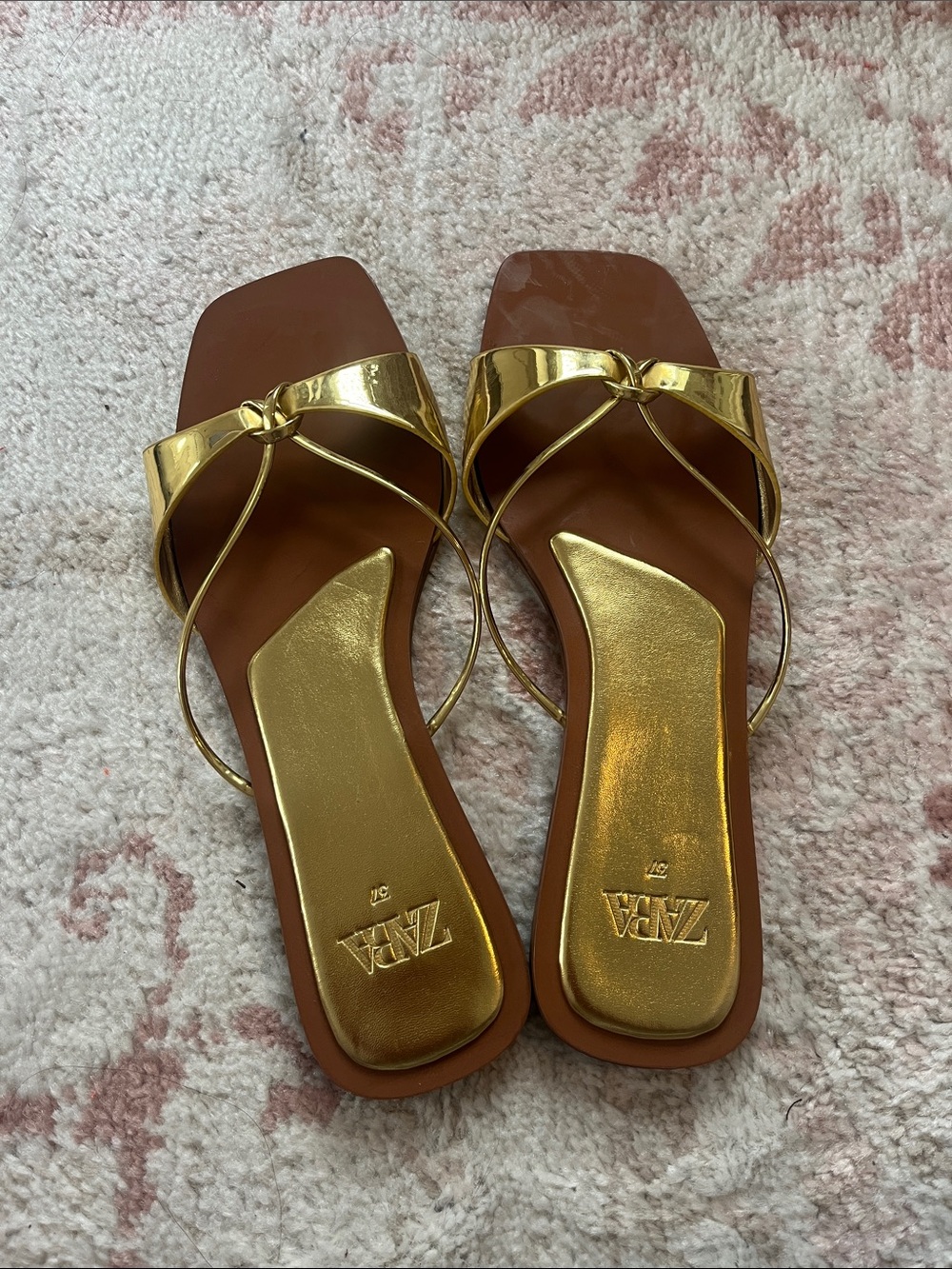 Zara Gold Metallic Loop-Strap Square-Toe Sandals